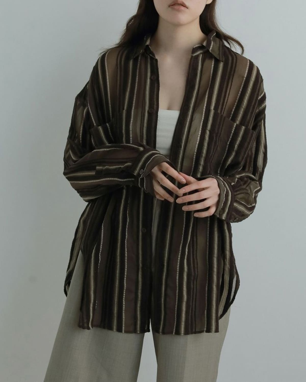 anuke(アンヌーク)シアーストライプオーバーシャツSheerStripeShirt 62520424