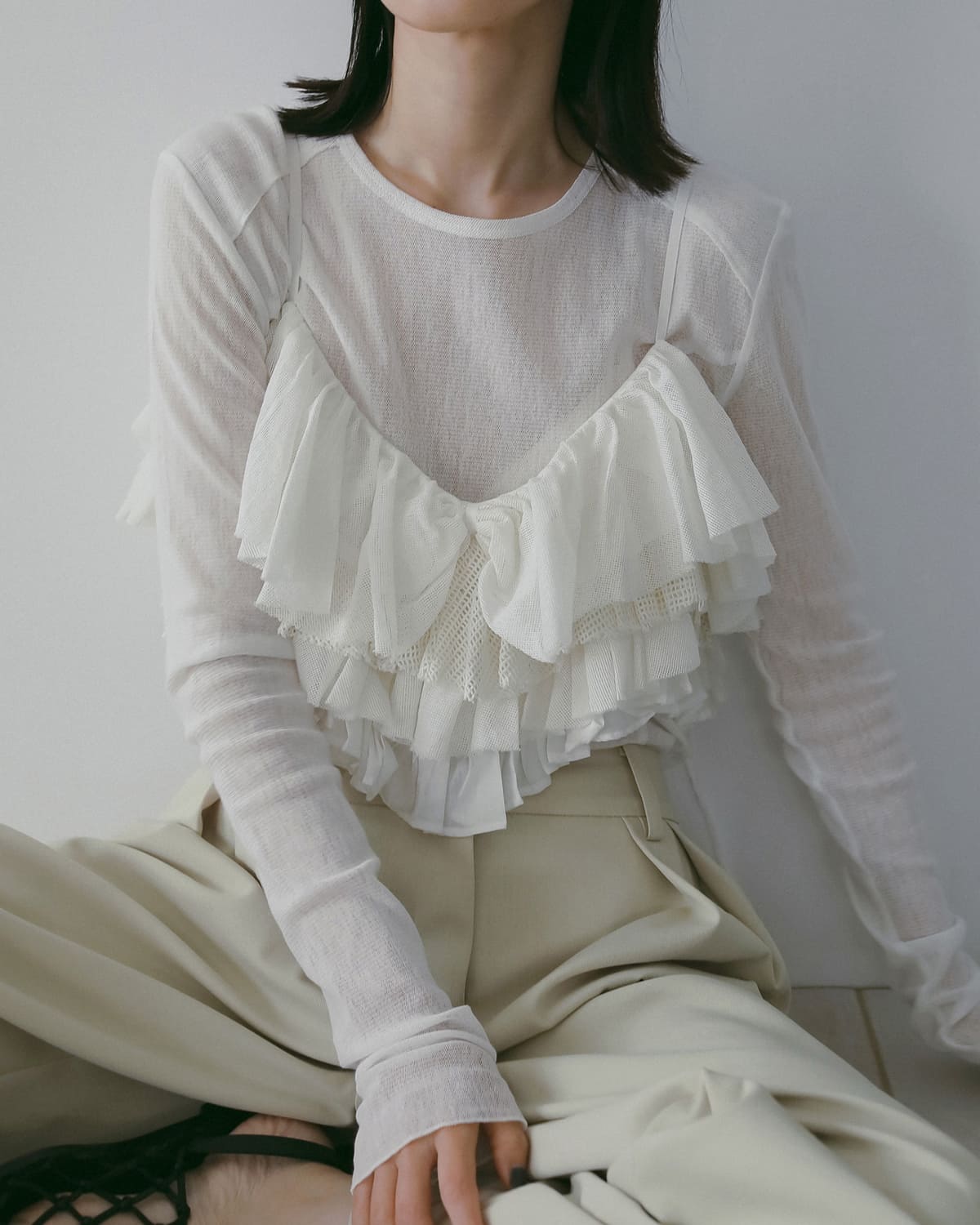 anuke(アンヌーク)コットンチュール長袖カットソー Cotton Tulle Tops 62610605