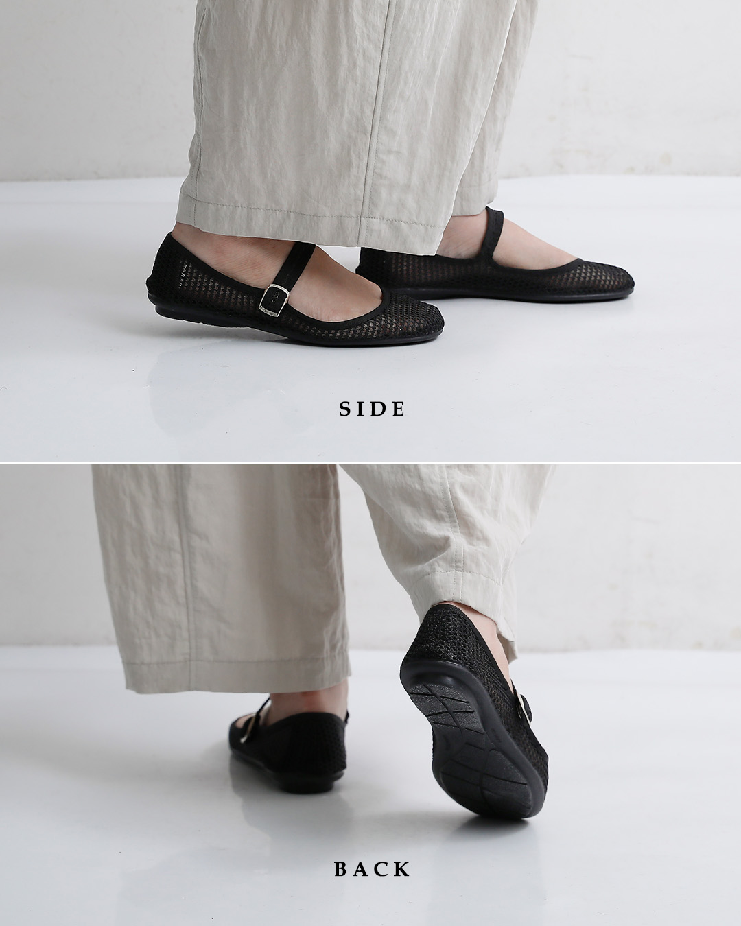 O’KYTIメッシュ ボタンストラップ バレエシューズ 6525-re