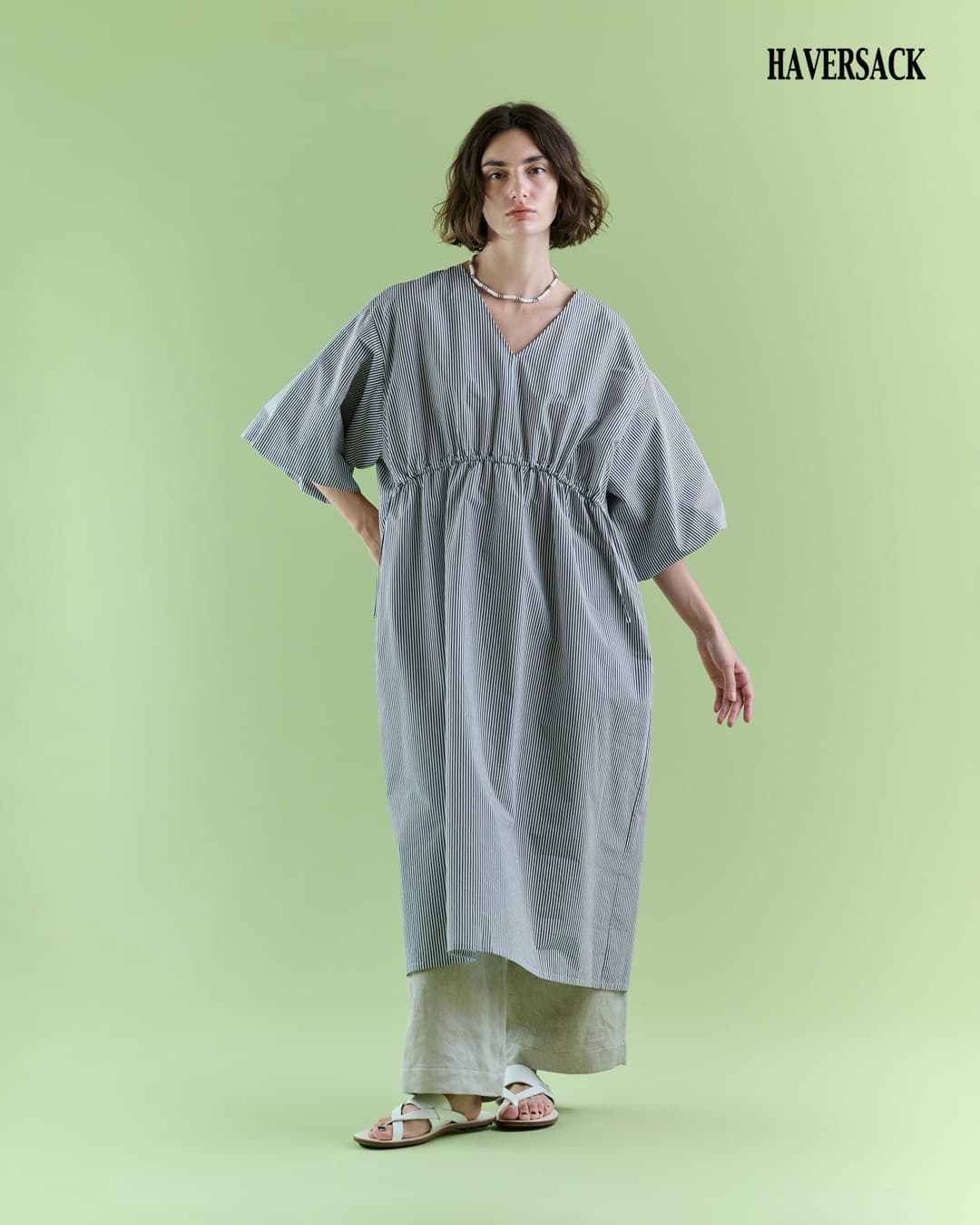 HAVERSACK(ハバーサック)エアリーコットンストライプ Vネック ロングワンピース 652625