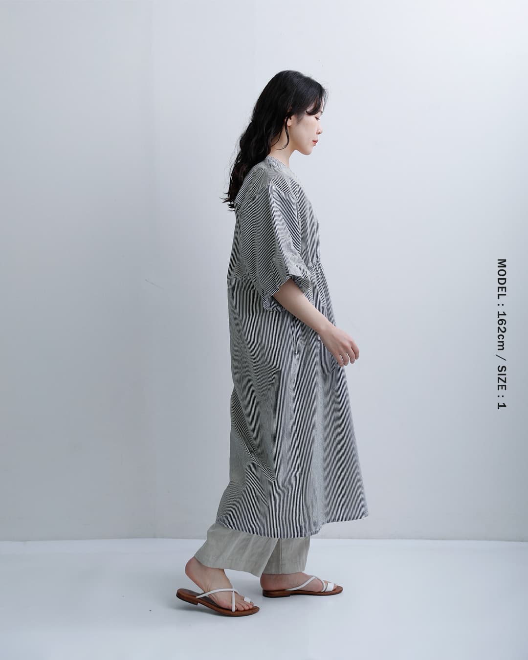 HAVERSACK(ハバーサック)エアリーコットンストライプ Vネック ロングワンピース 652625