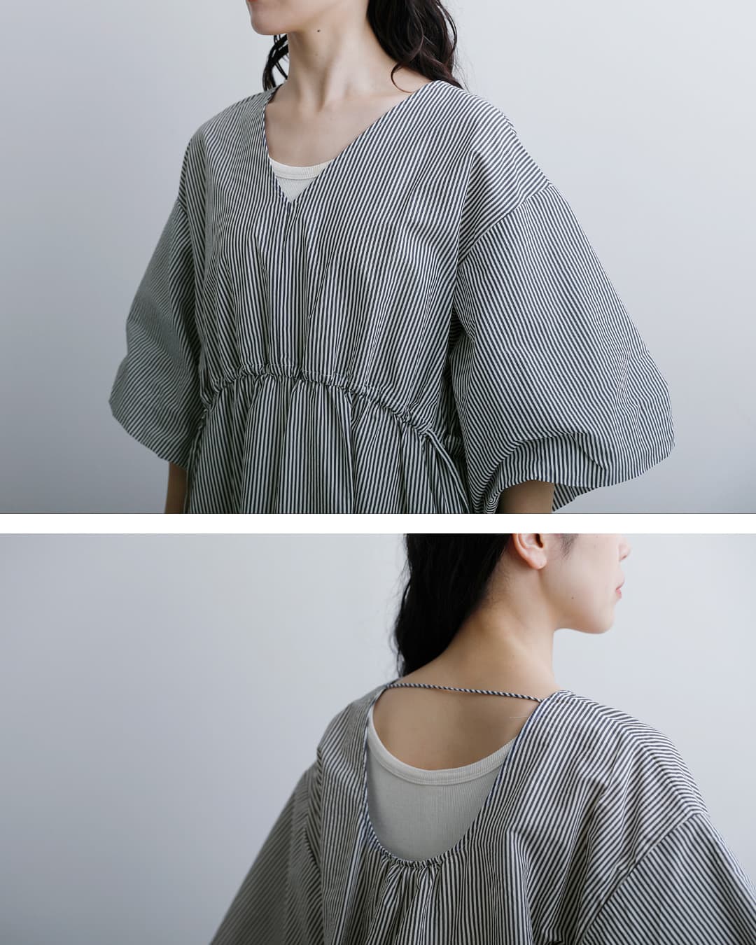 HAVERSACK(ハバーサック)エアリーコットンストライプ Vネック ロングワンピース 652625