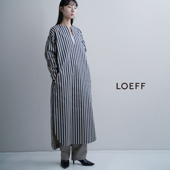 LOEFF ロエフ コットン ストライプ スリットネック シャツドレス