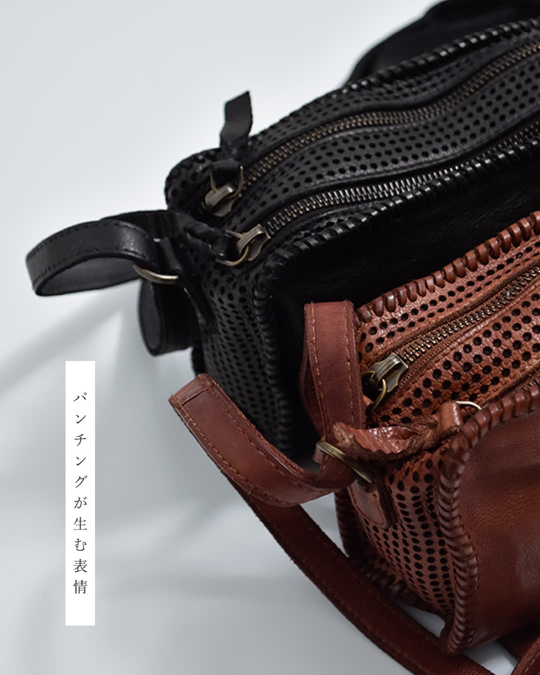 BIBAウォッシュドカウレザー パーフォレーション ドリルクロスボディバッグ “ABBOT” abb1l