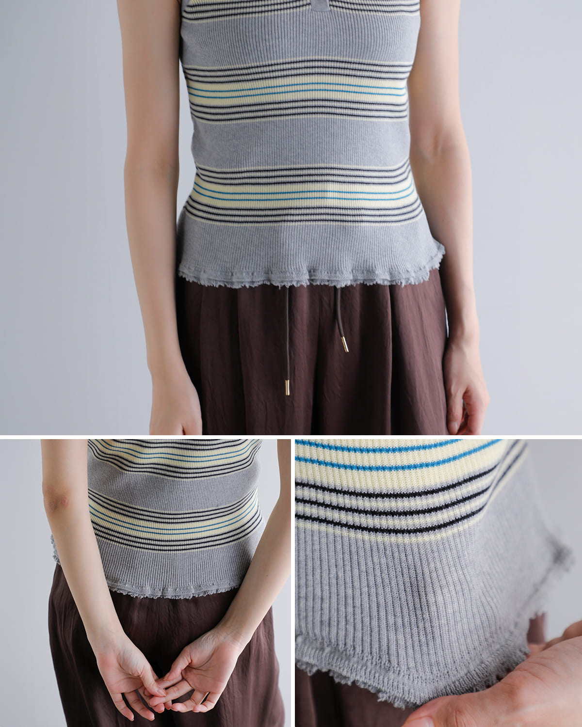 AKANE UTSUNOMIYA(アカネウツノミヤ)コットンノースリーブ裾フリルニットプルオーバー akes-012