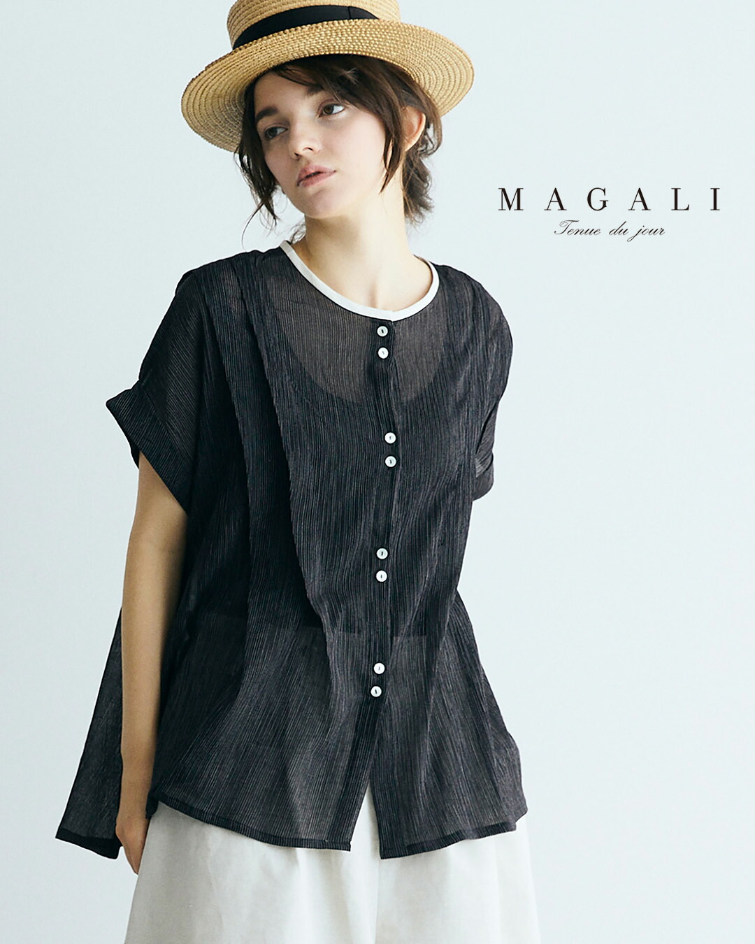 マガリ　ストライプ 半袖ブラウス MAGALI マガリ ストライプ コットンシフォン タック ブラウス bl283