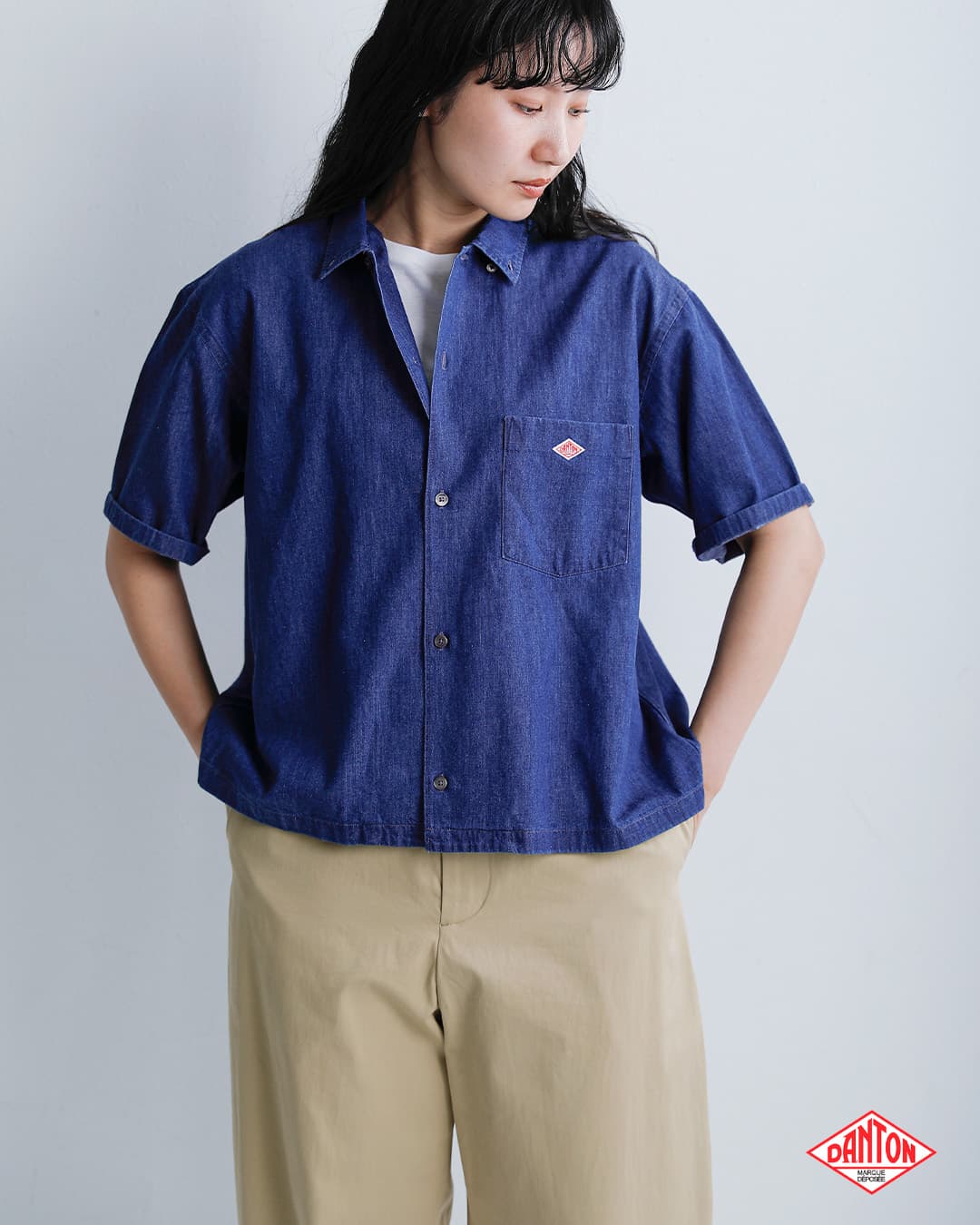 DANTON6oz インディゴ ダンガリー ボタンダウン 半袖 シャツ dt-b0443dug