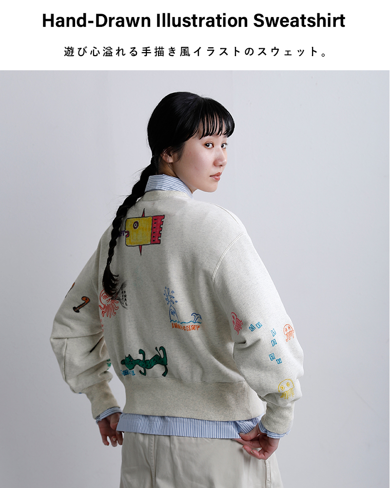 ESTROISLOSE(エストゥロワルーズ)コットンクルーネックロングスリーブ手描きイラストスウェットec26201-a-z