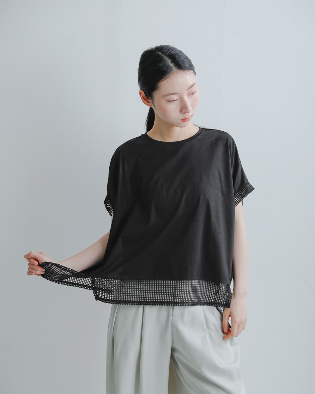 HERENCIA(ヘレンチア)コットン 異素材 裾切り替え クルーネック カットソー