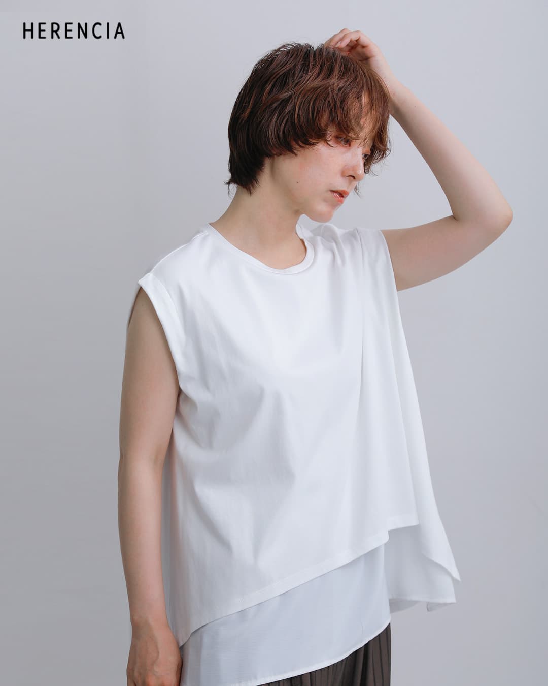 HERENCIA(ヘレンチア)コットン 重ね着風 クルーネック カットソー h526132