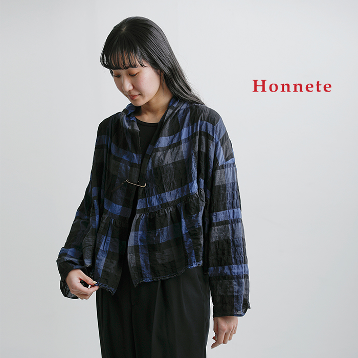 Honnete(オネット)シャーリング チェック ギャザー カーディガン ho-26ss-c5