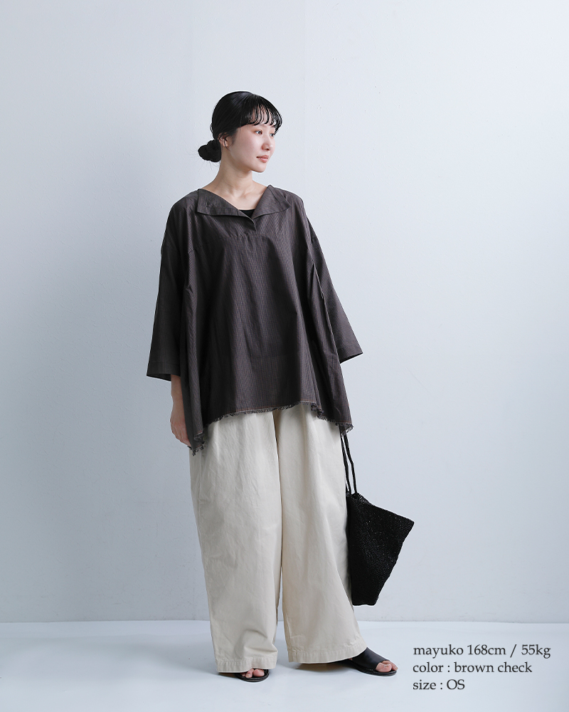 Honneteコットン シルク ギンガム サイド ギャザー シャツ ho-26ss-t32