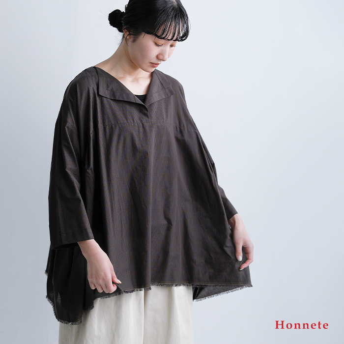 Honneteコットン シルク ギンガム サイド ギャザー シャツ ho-26ss-t32