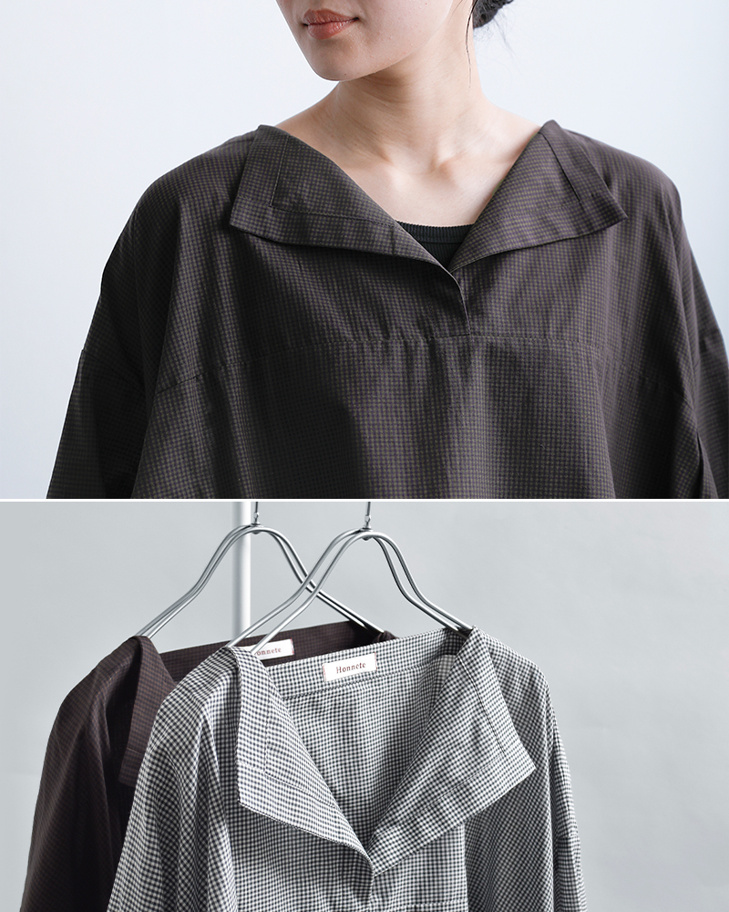 Honneteコットン シルク ギンガム サイド ギャザー シャツ ho-26ss-t32