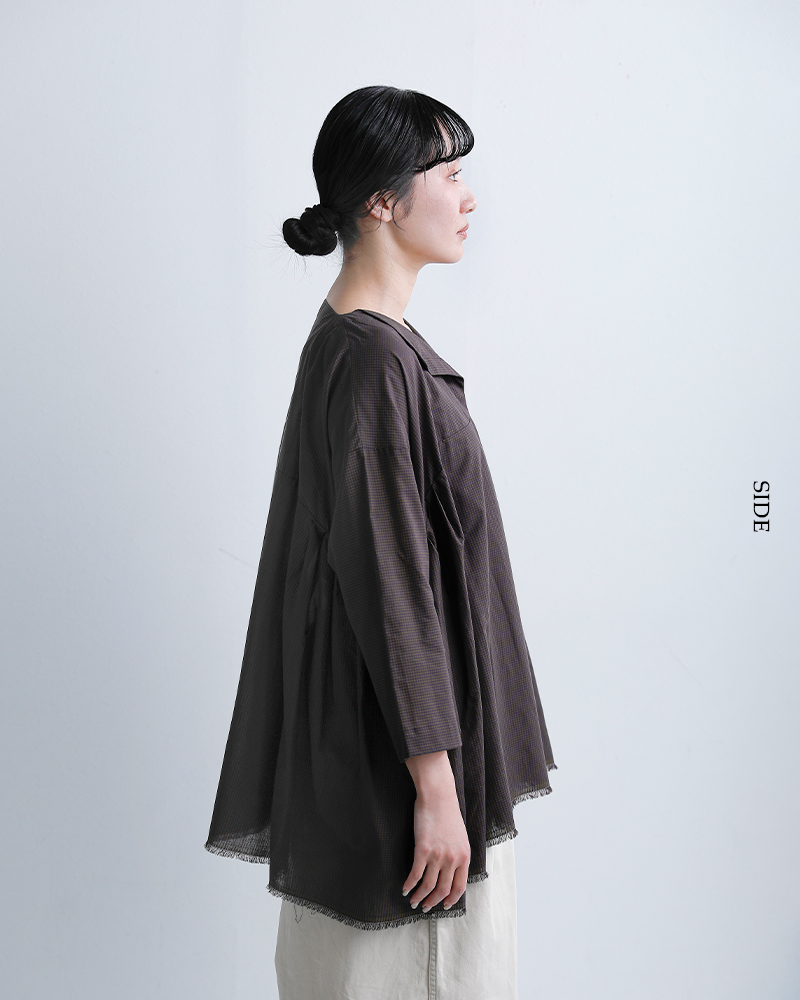 Honneteコットン シルク ギンガム サイド ギャザー シャツ ho-26ss-t32