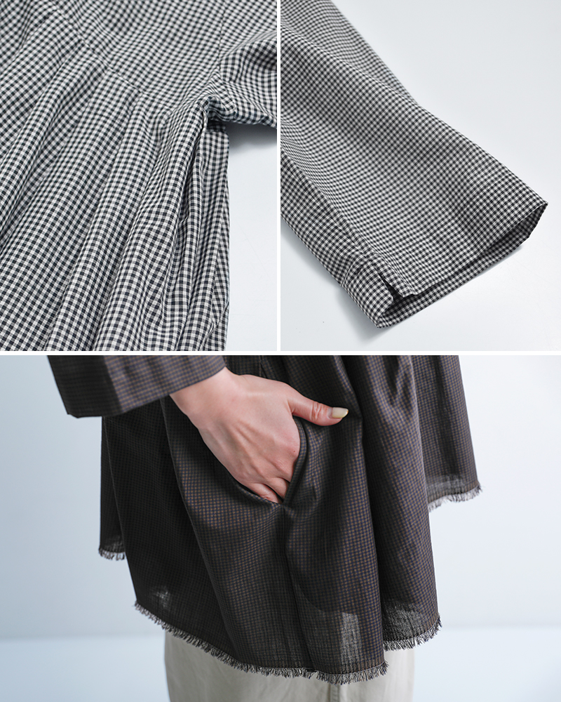 Honneteコットン シルク ギンガム サイド ギャザー シャツ ho-26ss-t32