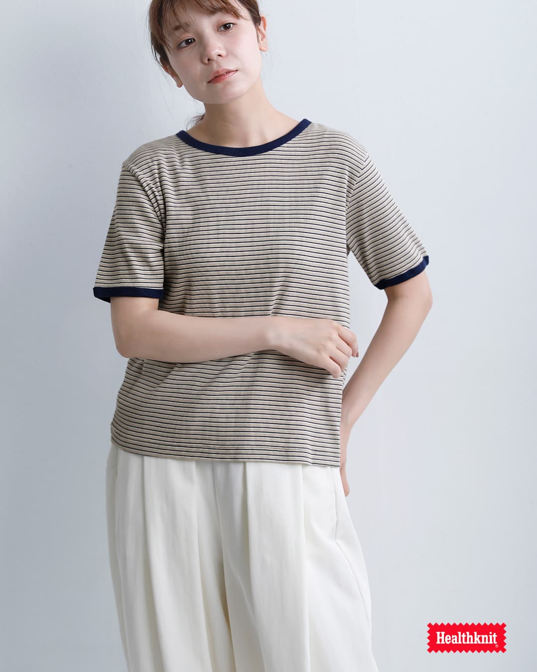 Healthknitチューブラーリブ 半袖 ボーダー Tシャツ hr26s-l302