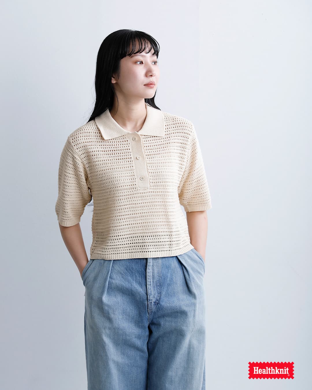 Healthknitコットン ポロカラー 半袖 ニット プルオーバー hr26s-l309