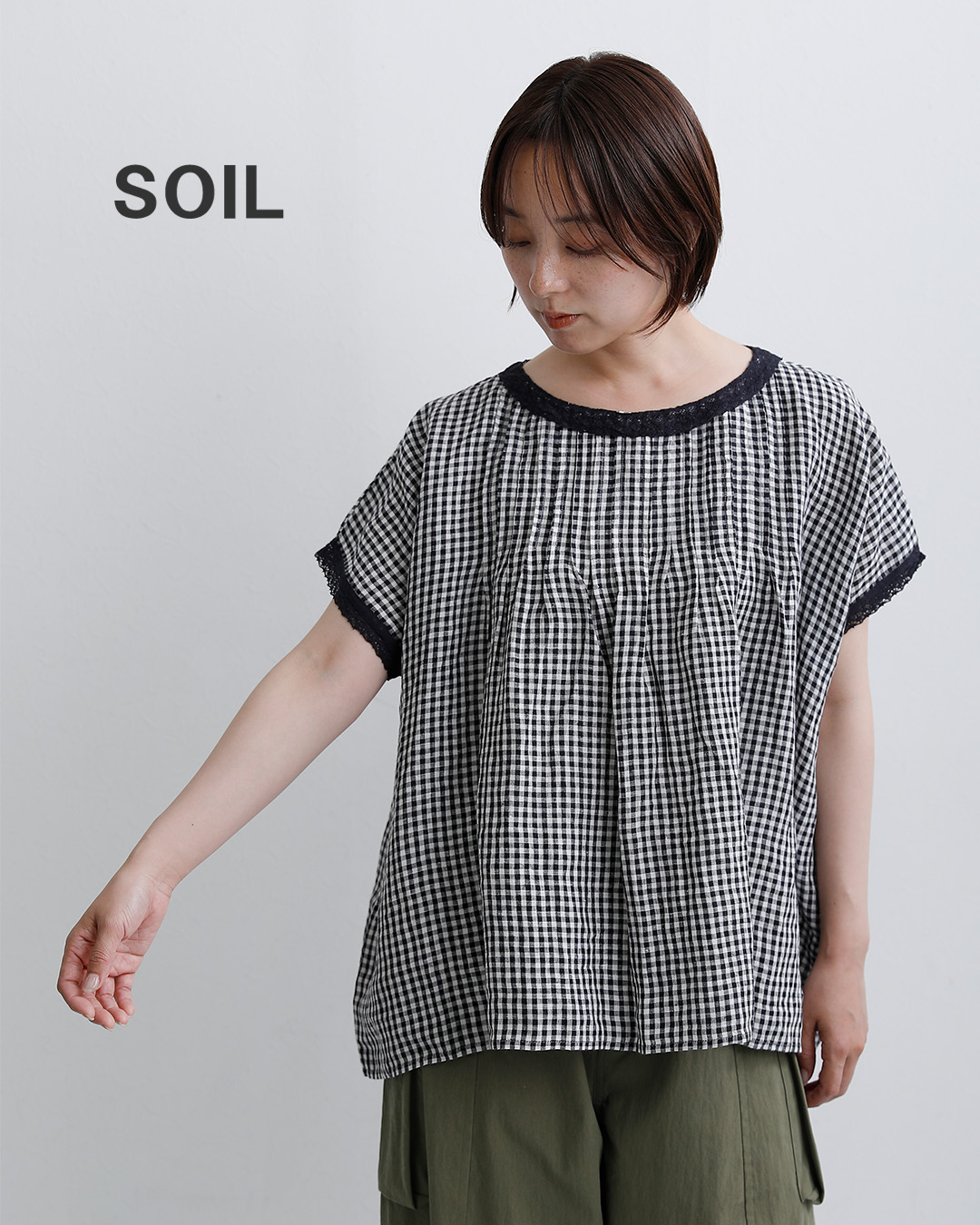 SOILリネン ギンガムチェック ボートネック ピンタック プルオーバー insl26312