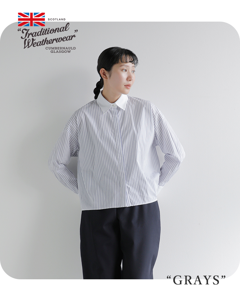 Traditional Weatherwear(トラディショナルウェザーウェア)ハイカウントポプリンストライプグレイスロングスリーブフライフロントシャツ“GRAYS”l261kgfsh0316ty