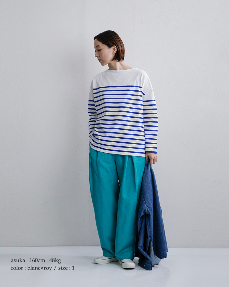 Le minor(ルミノア)薄手コットンボーダー9分袖ボートネックプルオーバーlef995025