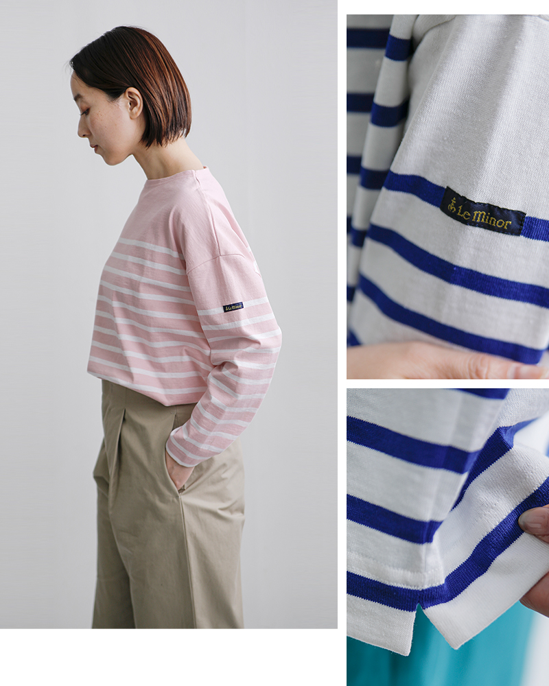 Le minor(ルミノア)薄手コットンボーダー9分袖ボートネックプルオーバーlef995025