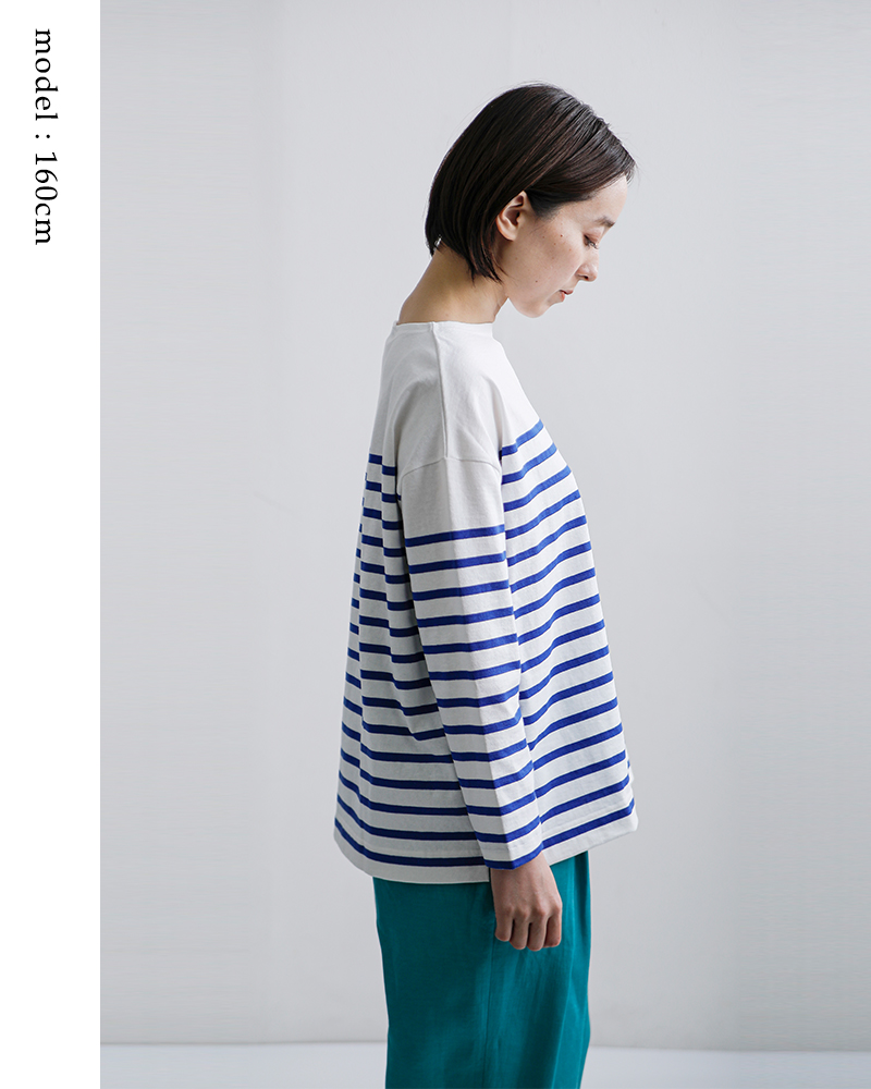 Le minor(ルミノア)薄手コットンボーダー9分袖ボートネックプルオーバーlef995025