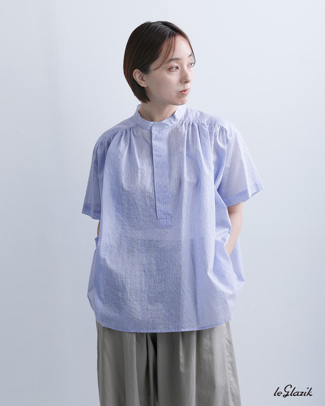 Le Glazikシアーボーダー ギャザー 半袖シャツ lg-b0381bos-sbb