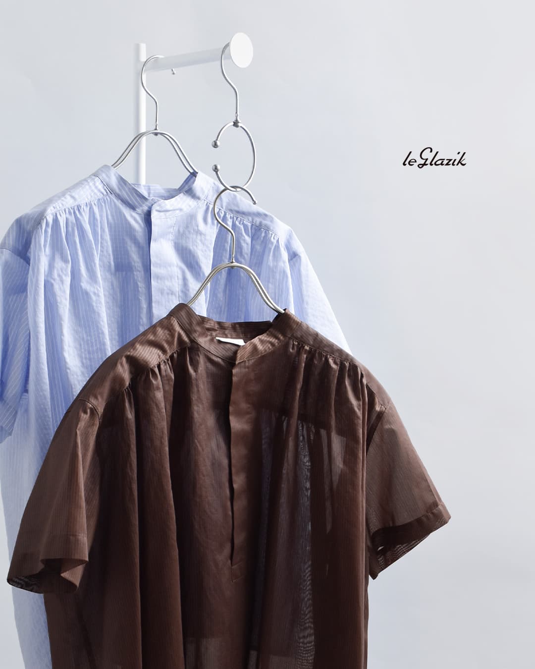 Le Glazikシアーボーダー ギャザー 半袖シャツ lg-b0381bos-sbb