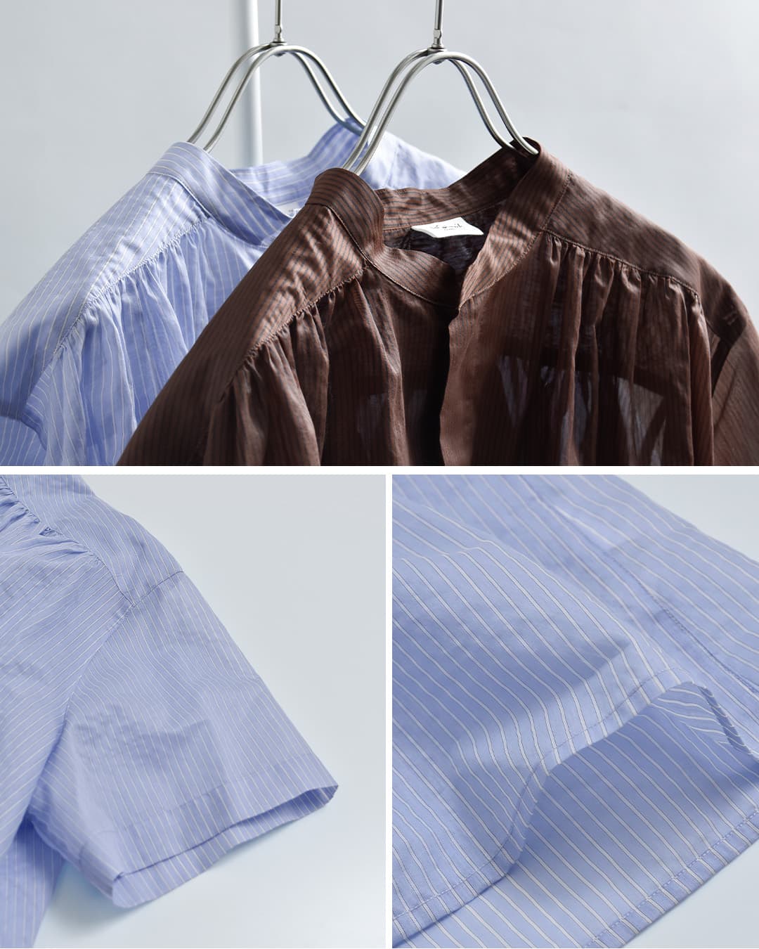 Le Glazikシアーボーダー ギャザー 半袖シャツ lg-b0381bos-sbb