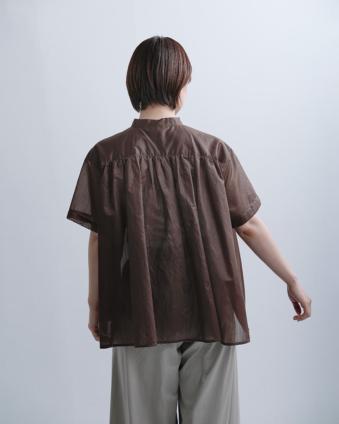 Le Glazikシアーボーダー ギャザー 半袖シャツ lg-b0381bos-sbb