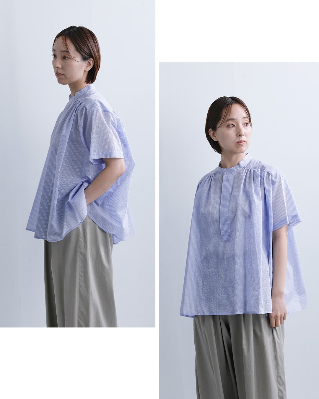 Le Glazikシアーボーダー ギャザー 半袖シャツ lg-b0381bos-sbb