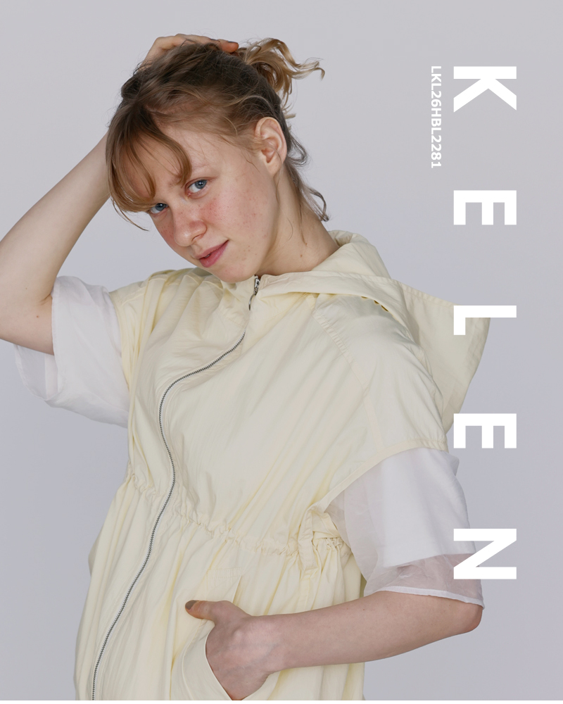 kelen(ケレン)ドローストリングデザインフードジップベスト“AROW”lkl26hbl2281