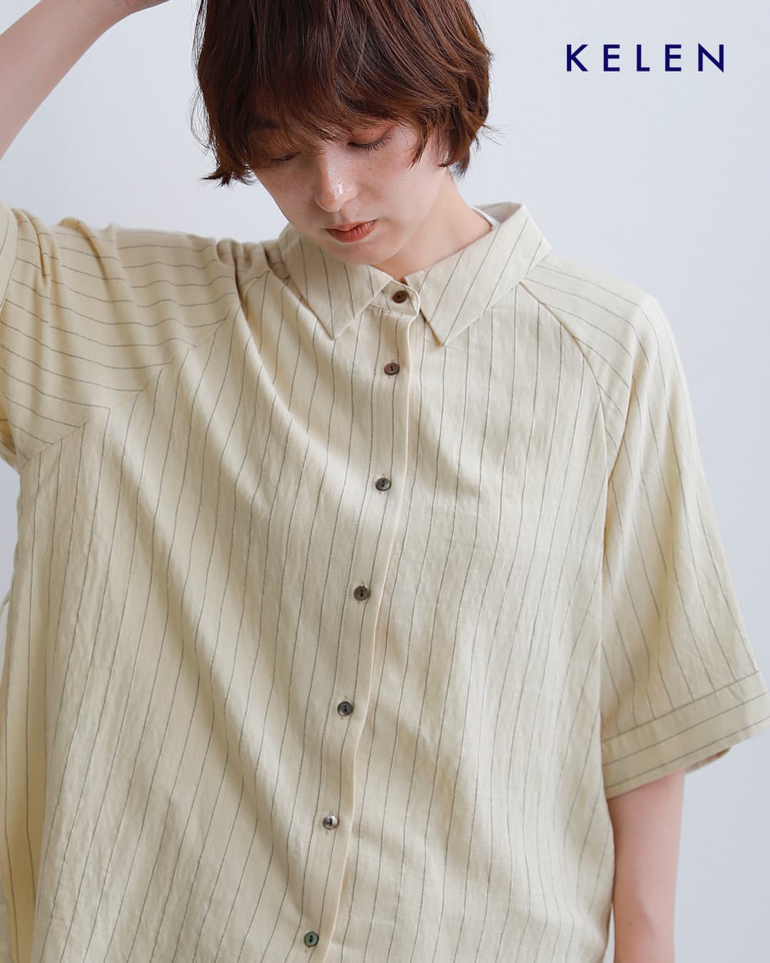 kelenリネン混 ピンストライプ ラグランスリーブ シャツ GAZY lkl26sbl2304
