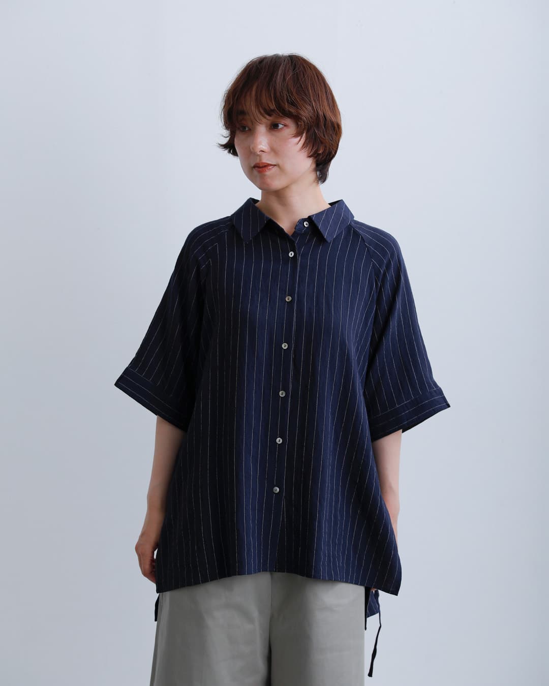 kelenリネン混 ピンストライプ ラグランスリーブ シャツ GAZY lkl26sbl2304