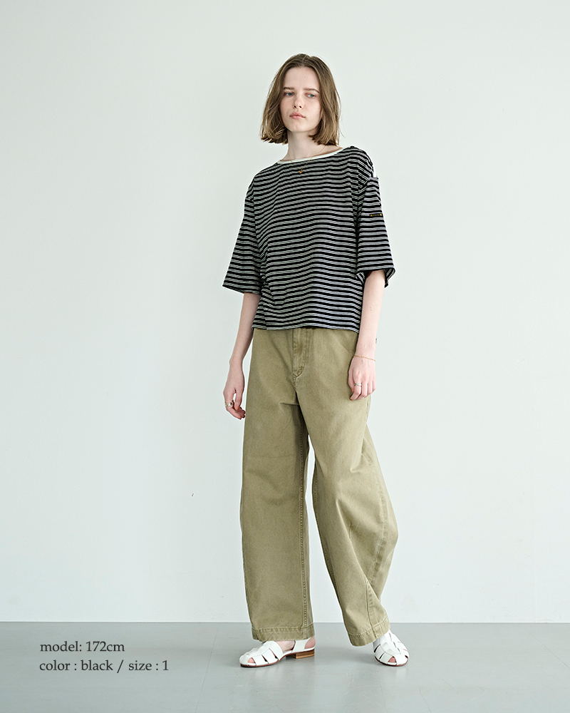 kha:ki(カーキ)コットンマルチボーダーボートネックハーフスリーブカットソー“MULTISTRIPEDTOP”mil26hcs3481