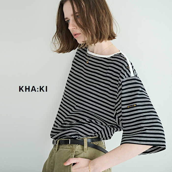 kha:ki(カーキ)コットンマルチボーダーボートネックハーフスリーブカットソー“MULTISTRIPEDTOP”mil26hcs3481