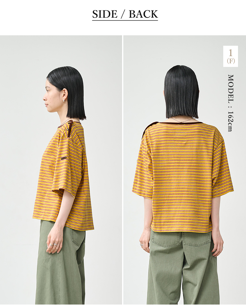 kha:ki(カーキ)コットンマルチボーダーボートネックハーフスリーブカットソー“MULTISTRIPEDTOP”mil26hcs3481