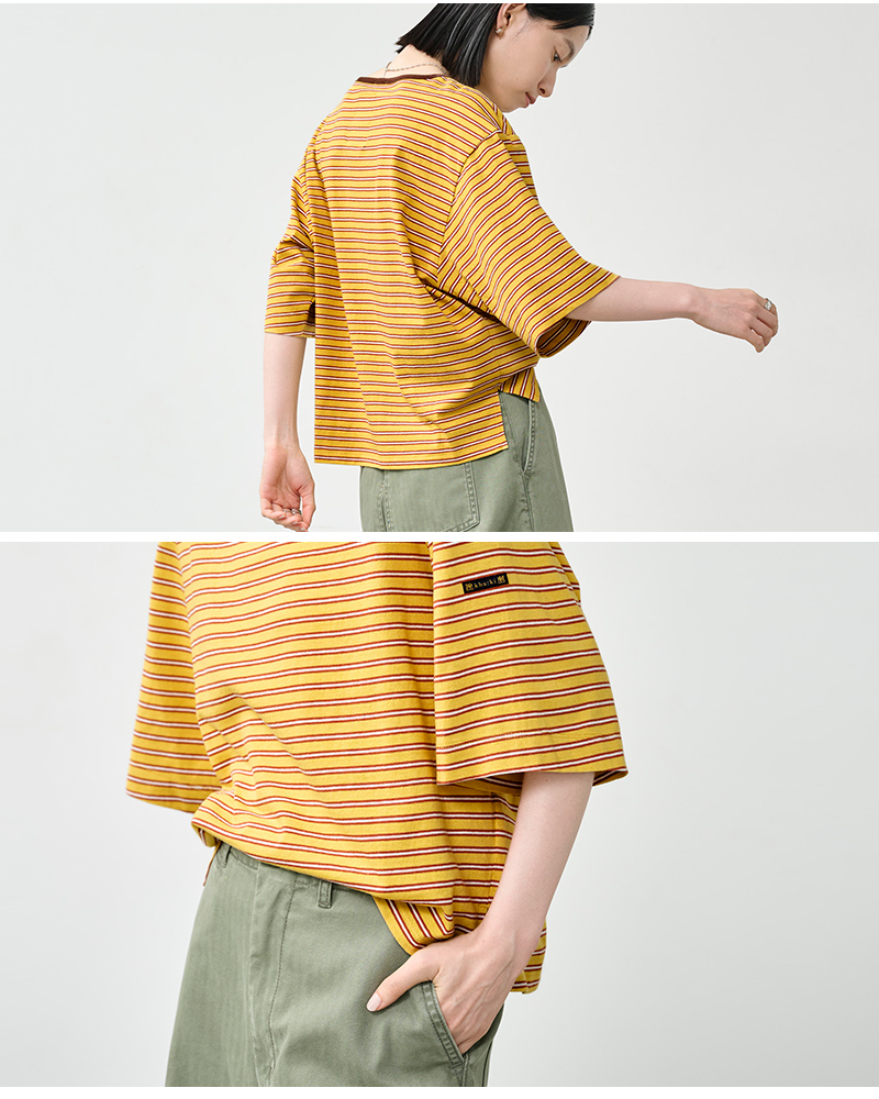 kha:ki(カーキ)コットンマルチボーダーボートネックハーフスリーブカットソー“MULTISTRIPEDTOP”mil26hcs3481