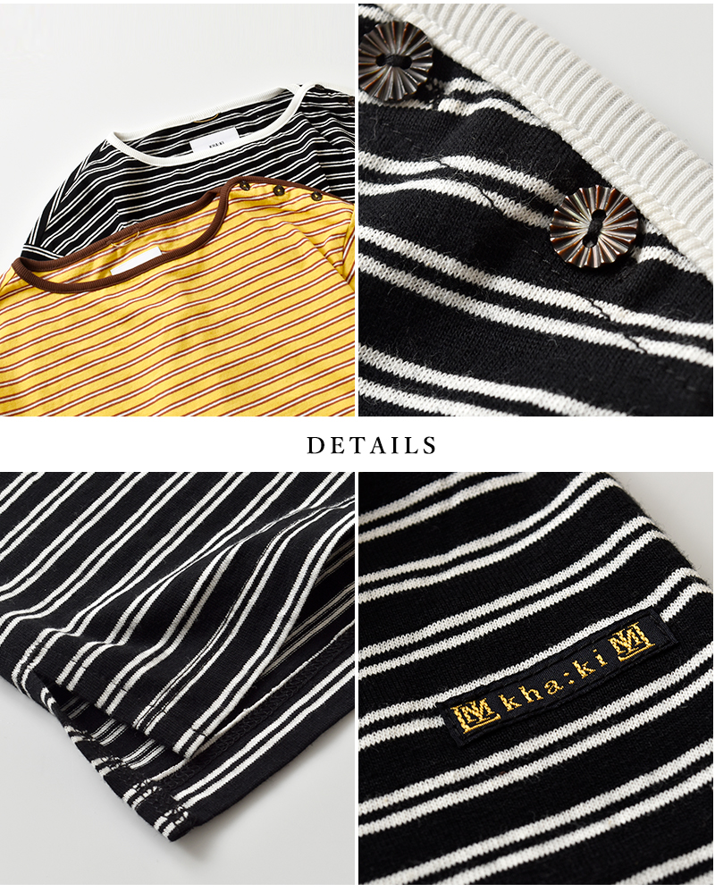 kha:ki(カーキ)コットンマルチボーダーボートネックハーフスリーブカットソー“MULTISTRIPEDTOP”mil26hcs3481