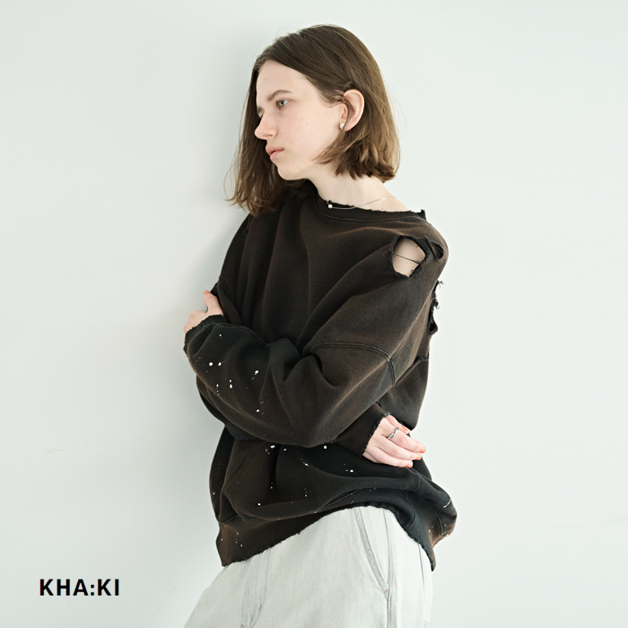 kha:ki(カーキ)コットンフレンチテリーダメージペイントスウェットシャツ“DAMEGEPAINTSWEATSHIRTS”mil26hcs3485