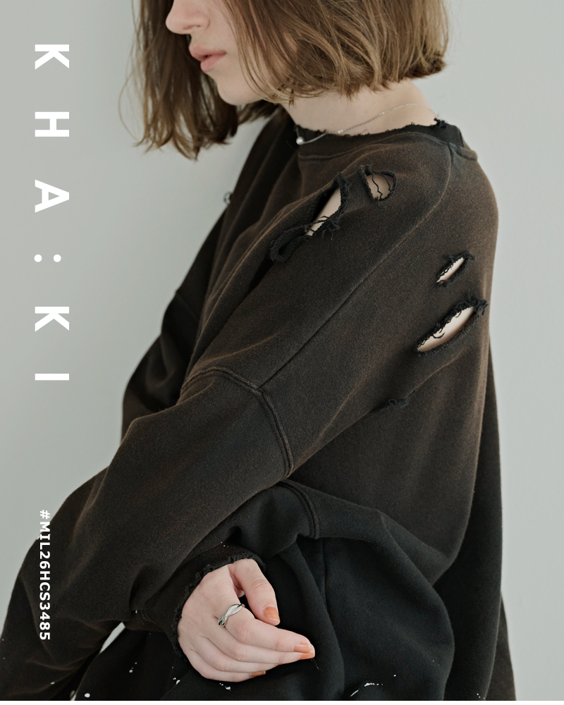 kha:ki(カーキ)コットンフレンチテリーダメージペイントスウェットシャツ“DAMEGEPAINTSWEATSHIRTS”mil26hcs3485