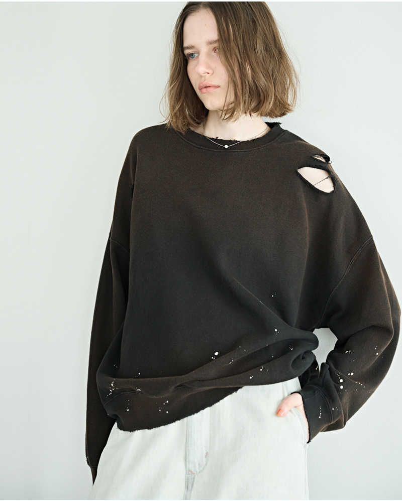 kha:ki(カーキ)コットンフレンチテリーダメージペイントスウェットシャツ“DAMEGEPAINTSWEATSHIRTS”mil26hcs3485