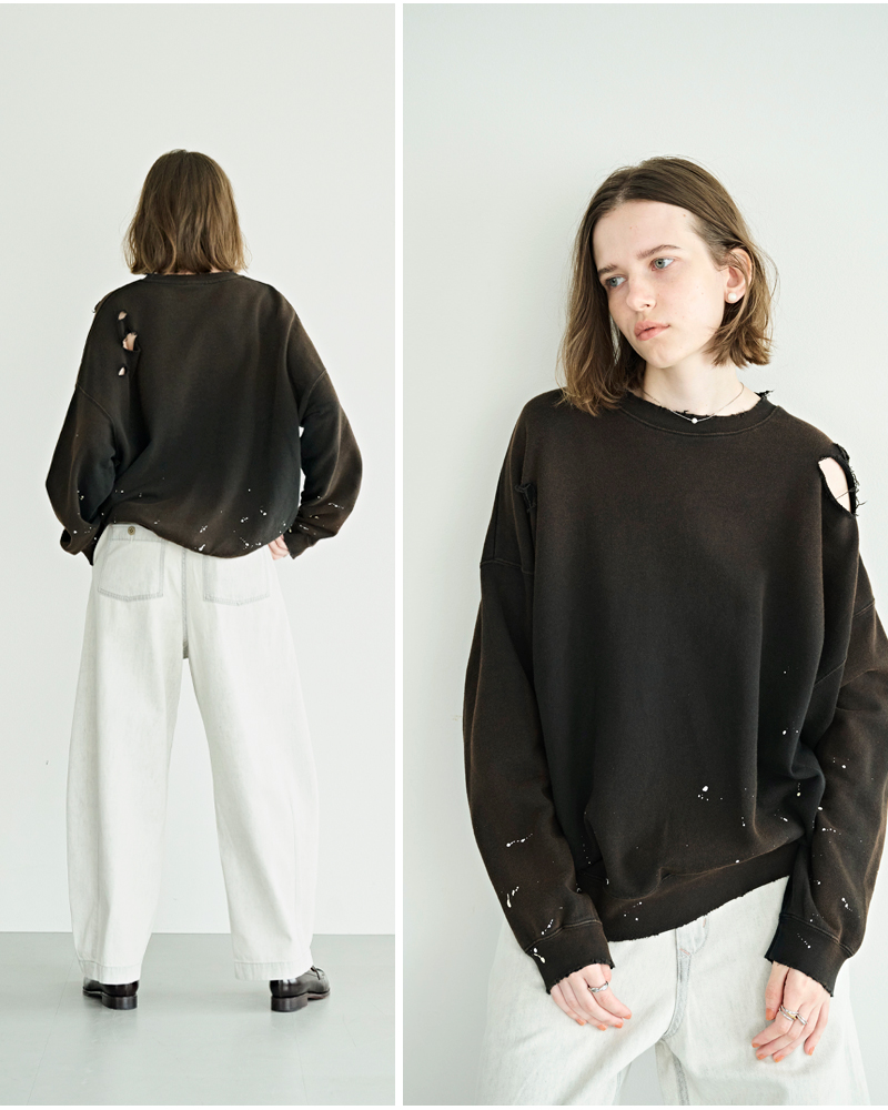 kha:ki(カーキ)コットンフレンチテリーダメージペイントスウェットシャツ“DAMEGEPAINTSWEATSHIRTS”mil26hcs3485
