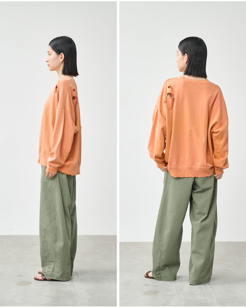 kha:ki(カーキ)コットンフレンチテリーダメージペイントスウェットシャツ“DAMEGEPAINTSWEATSHIRTS”mil26hcs3485
