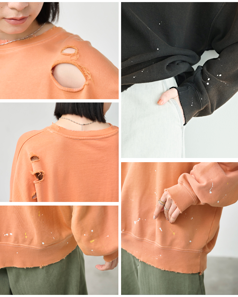 kha:ki(カーキ)コットンフレンチテリーダメージペイントスウェットシャツ“DAMEGEPAINTSWEATSHIRTS”mil26hcs3485