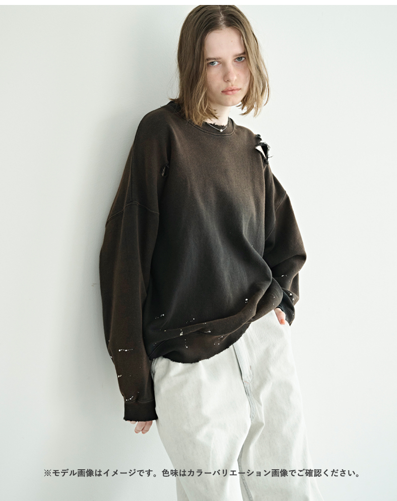 kha:ki(カーキ)コットンフレンチテリーダメージペイントスウェットシャツ“DAMEGEPAINTSWEATSHIRTS”mil26hcs3485