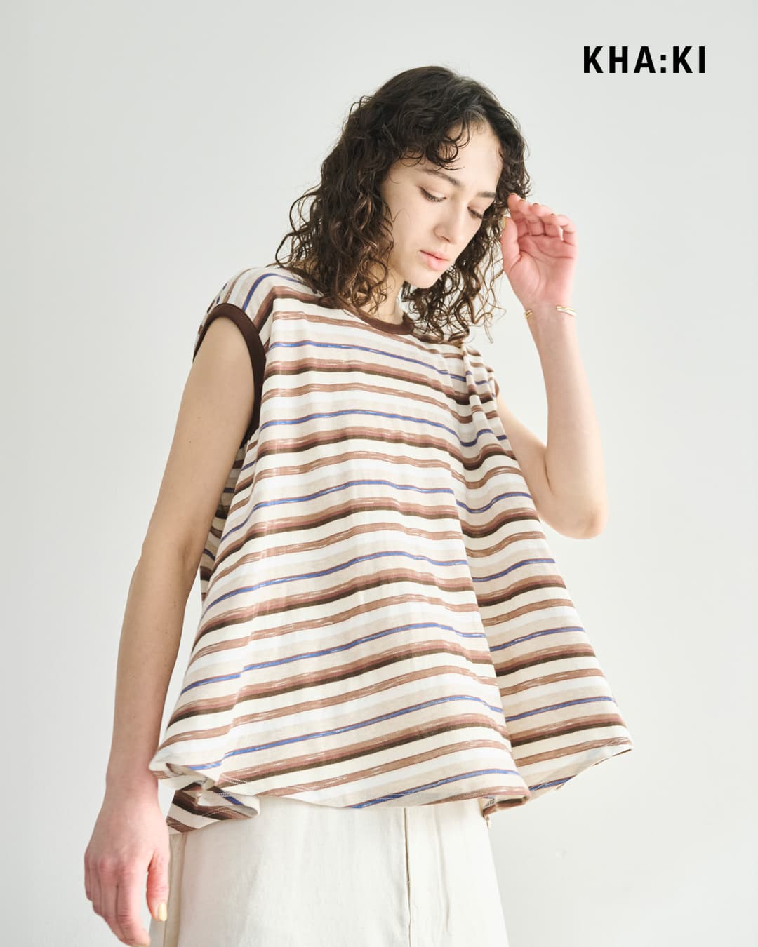 kha:kiスリーブレス ストライプ フレアー プルオーバー SLEEVELESS STRIPED TOP mil26scs3496
