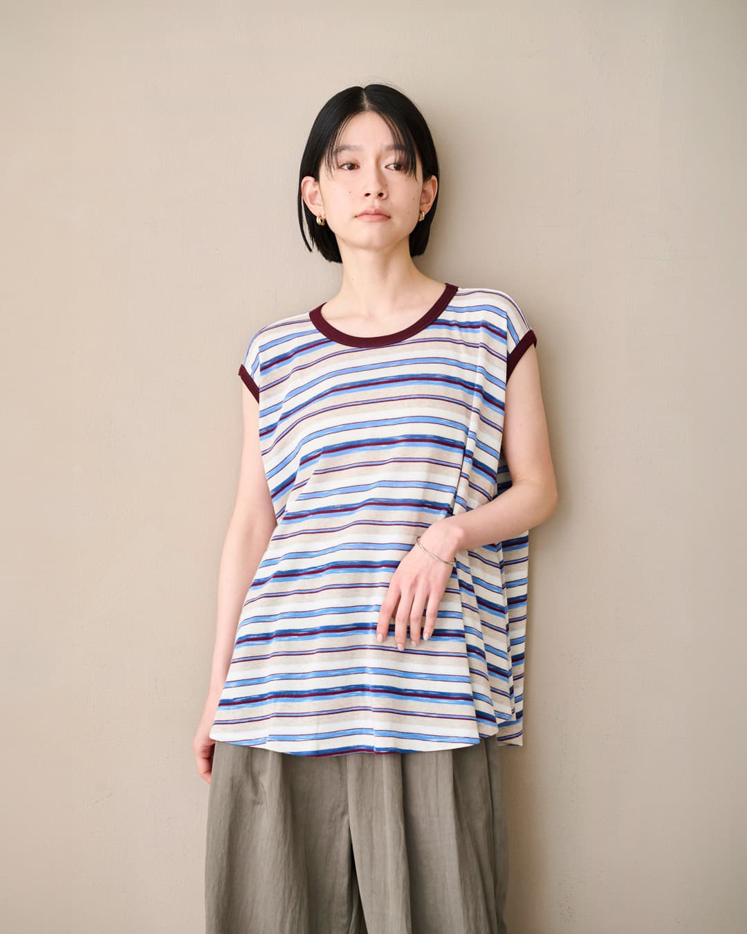kha:kiスリーブレス ストライプ フレアー プルオーバー SLEEVELESS STRIPED TOP mil26scs3496