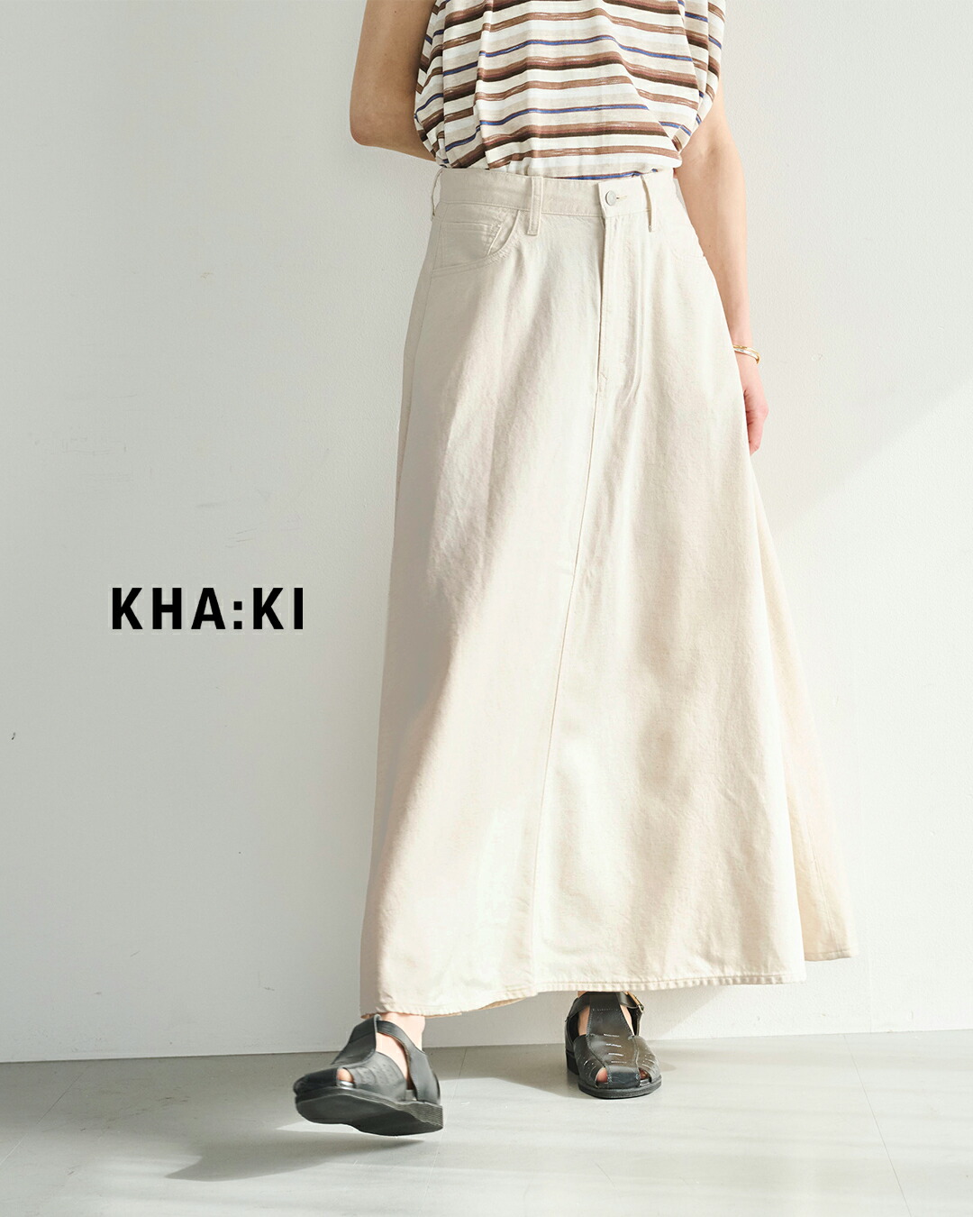 kha:ki(カーキ)8oz 綿麻 デニム フレア ロングスカート FLARED LONG SKIRT mil26ssk3104